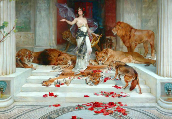 Wright Barker's 1889 painting of Circe as a musician. In the mythology, she is depicted as a sorceress in command of nature.