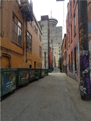 The alleys of Vancouver, where the author first begins his journey in homelessness